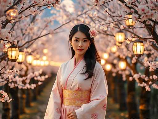 A young woman is standing in front of a row of cherry blossom trees with pink flowers and lanterns hanging from the branches above her head. She is wearing a traditional Chinese dress that features a pink and gold color scheme. The background includes more cherry blossoms and additional lanterns, creating an enchanting atmosphere.