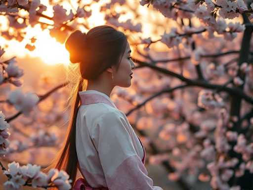 A woman with long brown hair is standing under a tree filled with pink flowers and wearing a white kimono with pink accents.