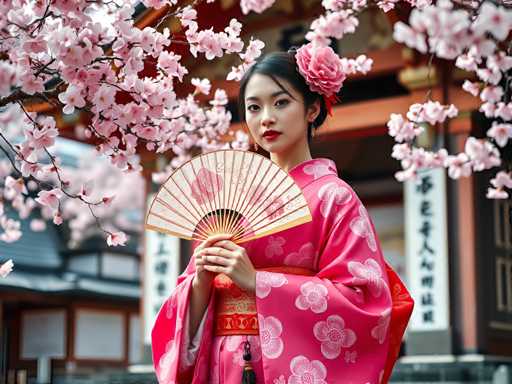 A young woman dressed in traditional Japanese clothing stands in front of a temple with pink cherry blossoms on either side and a red roof. She holds a fan in her right hand and wears a pink kimono with white floral patterns.