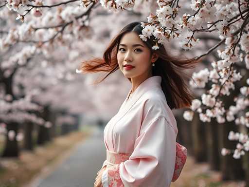 A young woman is standing under a cherry blossom tree with pink flowers on it. She is wearing a white kimono and holding a pink purse. The background features trees and bushes in the distance.