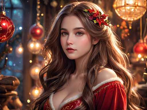 A woman with long brown hair is the main subject of this digital illustration. She's wearing a red dress and has a flower in her hair that matches the color of the Christmas ornaments hanging above her head. The background features a window adorned with red and gold ornaments, creating an atmosphere of festivity and joy.
