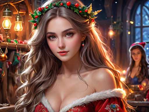 The image depicts two women wearing red dresses and crowns with green leaves on them. The woman on the left is wearing a crown with a wreath of holly at her head, while the woman on the right has a crown adorned with red berries. Both women are standing in front of a window that is decorated with Christmas lights.