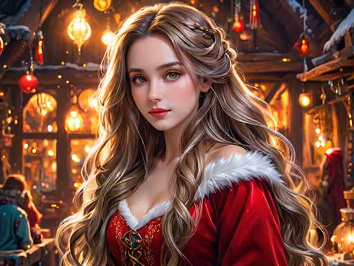 The image depicts a woman with long blonde hair wearing a red dress and a white fur collar, standing against the backdrop of a building adorned with Christmas lights. The woman is positioned centrally within the frame, drawing attention to her as the main subject of the image.
