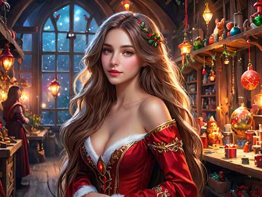 The image depicts a woman with long brown hair wearing a red dress and a crown of flowers on her head. She is standing in front of a window that offers a view of a store filled with Christmas decorations. The background features a wooden shelf adorned with various ornaments and a globe, suggesting the holiday season.