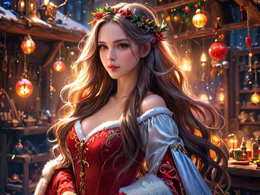 A woman with long brown hair is standing in front of a store window adorned with Christmas decorations and lights. She is wearing a red dress that features gold embroidery on the sleeves and collar, and she has a crown on her head. The background includes trees and other holiday decorations, creating a festive atmosphere around the scene.