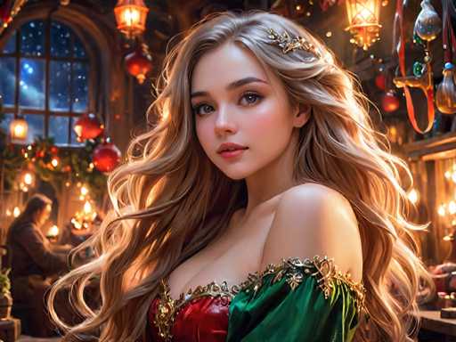 The image depicts a woman with blonde hair wearing a green and red dress adorned with gold accents. She is positioned against the backdrop of a room filled with Christmas decorations, including a large window that allows natural light to illuminate the scene. The woman's gaze is directed towards the camera, creating an engaging visual narrative.