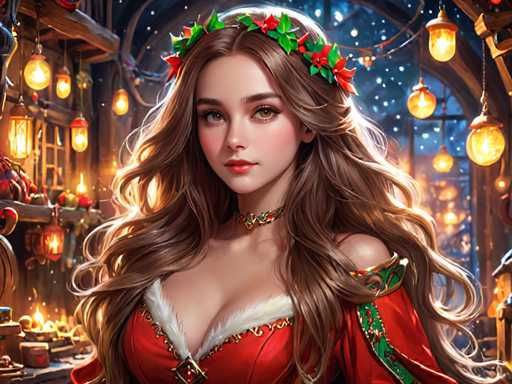 A woman with long brown hair is the central figure in a digital illustration. She is wearing a red and green dress adorned with gold accents, giving her an elegant appearance. The background features a dark room filled with various objects such as lanterns hanging from the ceiling and a window that allows natural light to enter.