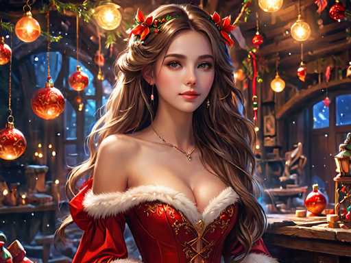 A woman with long brown hair is standing in front of a window adorned with red and gold ornaments during the holiday season. She is wearing a red dress that matches the color scheme of the room. The room has a wooden floor and walls decorated with Christmas decorations hanging from the ceiling, creating a festive atmosphere.