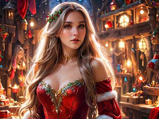 The image depicts a woman with blonde hair wearing a red dress adorned with gold accents and a crown of flowers on her head. She is standing in front of a store window filled with Christmas decorations, including twinkling lights and ornaments. The background features a dark wooden wall with a clock hanging above it.