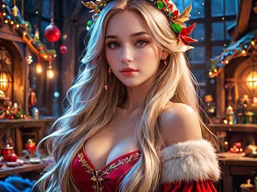 The image depicts a woman with blonde hair wearing a red and gold dress adorned with a crown of flowers on her head. She is standing in front of a table filled with various objects, including a vase, a bowl, and several bottles. The background features a Christmas tree decorated with ornaments and lights, creating a festive atmosphere.