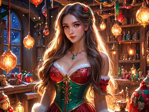 A woman with long brown hair is standing in front of a window adorned with Christmas decorations and lights. She is wearing a red and green dress that matches the festive atmosphere around her. The background features shelves filled with various items, suggesting a store or market setting.