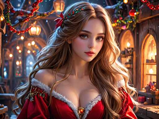 The image depicts a woman with long blonde hair wearing a red dress and a crown on her head. She is standing in front of a window adorned with Christmas decorations, including red and gold ornaments and twinkling lights that cast a warm glow throughout the scene. The background features a brick wall with a lantern hanging from it, adding to the festive atmosphere.