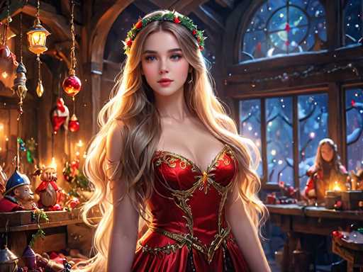 The image depicts a woman wearing a red dress with gold accents and a crown on her head, standing in front of a window adorned with Christmas decorations. The background features a wooden interior with a fireplace and a table covered in various ornaments.