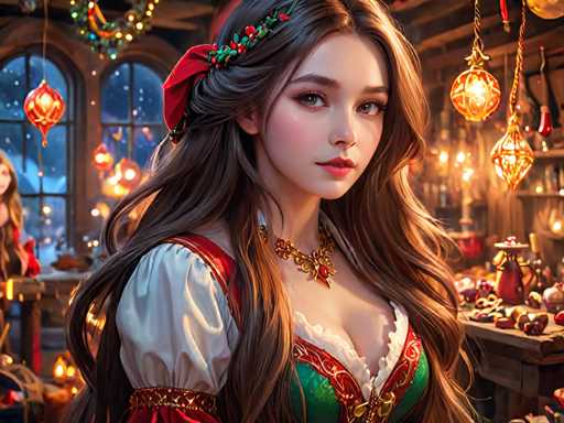 The image depicts a woman with long brown hair wearing a traditional German dress and a red headband adorned with berries. She is standing in front of a window that offers a view of the outside world, which appears to be decorated for Christmas. The room around her is filled with various objects, including a vase on a table and a bowl containing fruit.