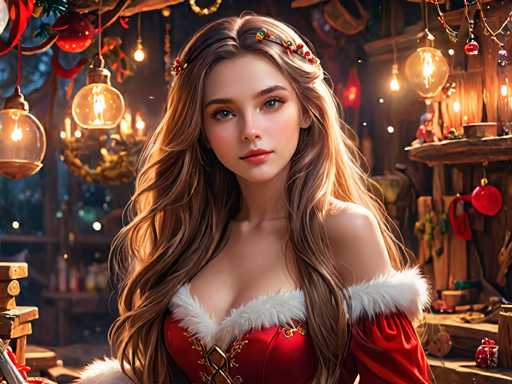 A woman with long brown hair is the main subject of this digital illustration. She's wearing a red dress and has her hair styled in loose waves. The background features various Christmas decorations such as lights, ornaments, and tinsel, creating a festive atmosphere.
