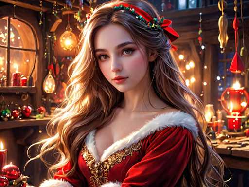 The image depicts a young woman with long blonde hair wearing a red and gold dress adorned with a white collar and a green bow on her head. She is standing against the backdrop of a Christmas tree decorated with ornaments and lights, suggesting that it's either around Christmas time or during the holiday season. The colors in the image are predominantly red, gold, and green, which contribute to the festive atmosphere.