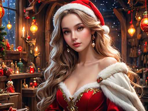 The image depicts a woman wearing a red and gold dress with a white fur coat and a Santa hat on her head. She is standing in front of a window decorated with Christmas lights and ornaments. The background features various holiday decorations such as wreaths and tinsel, creating a festive atmosphere.