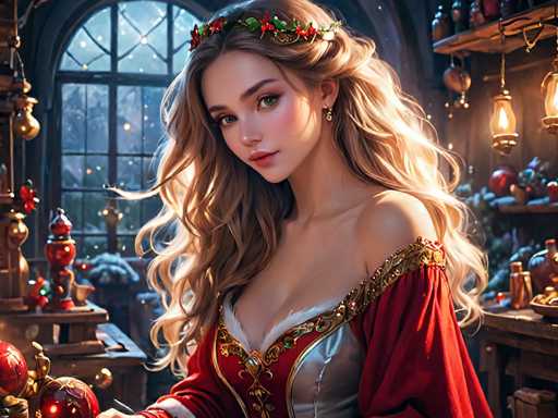 A woman with long blonde hair is the central figure in this digital illustration. She's wearing a red dress and has her hair styled in loose waves. The background features an old-fashioned room filled with various objects such as bottles, vases, and other decorations that give it a vintage feel.