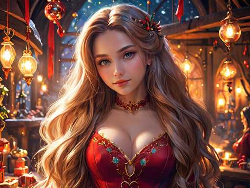 The image depicts a woman with blonde hair wearing a red dress and a gold necklace standing in front of a window adorned with Christmas decorations. The background is dark, creating a stark contrast that makes the woman stand out.