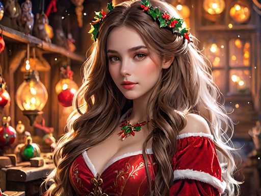 A woman with long brown hair is the main subject of this digital illustration. She's wearing a red dress and has her hair styled in loose waves. The background features a store filled with Christmas decorations, including ornaments and lights that create a festive atmosphere.