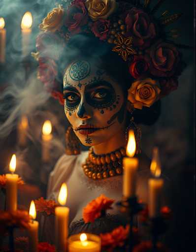 A woman with a vibrant and intricate headdress made up of red roses and gold accents stands in front of a table adorned with orange flowers and lit candles. The background is shrouded in darkness, creating an ethereal atmosphere that emphasizes the woman's presence.