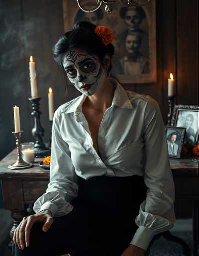 A woman with a sugar skull on her face is seated at a table draped in a white tablecloth and surrounded by candles and framed photos.