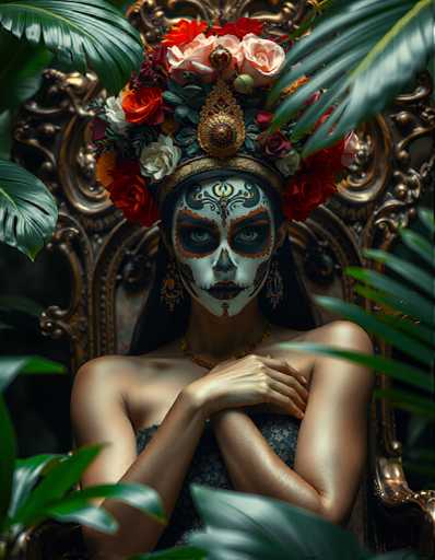 A woman with a white face painted on her head is seated in a chair surrounded by lush green plants and flowers. The background features an ornate gold frame that adds an air of elegance to the scene.