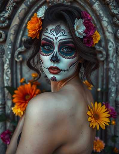 The image shows a person with a sugar skull face paint and flowers on their head. The background is blurred, but it appears to be an archway or doorway.
