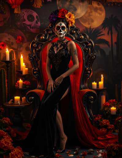 A woman is seated on an ornate red chair with a gold frame and a cactus plant behind her. She is wearing a long black dress adorned with purple flowers and a headpiece made of feathers. The room features a large mural depicting palm trees against a dark background, and several candles are scattered around the space.