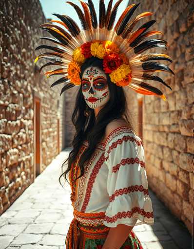 A woman is standing on a cobblestone street wearing a traditional Mexican Day of the Dead costume. The costume includes a large headdress adorned with feathers and flowers, a white blouse with red and orange stripes, and a green skirt.