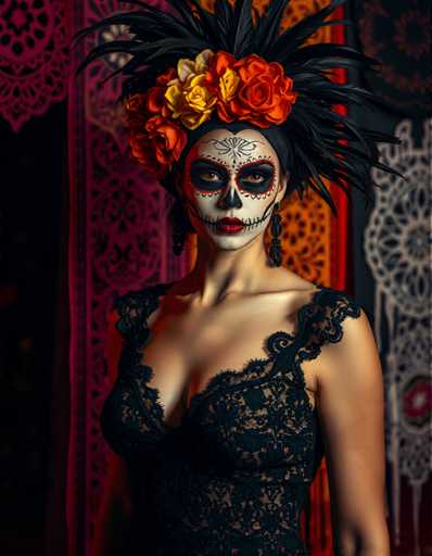 A woman is standing against a backdrop featuring a vibrant red and pink patterned curtain with white lace trim. She is wearing a black dress adorned with a large flower crown made of orange and yellow flowers. The woman's face is painted in striking shades of red and black, and she has her hair styled in an elegant updo.