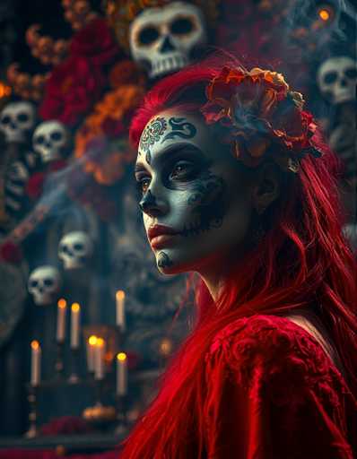 A woman with red hair and a flower on her head is the main subject of this image. She has striking red hair that contrasts beautifully against the dark background. The woman's face features a white mask adorned with black designs, adding an intriguing element to the composition. The background is filled with various skulls and other decorations, suggesting a theme related to death or Halloween.