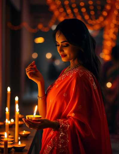A woman dressed in an orange saree is holding a lit candle and looking down at it with a smile on her face. The background features a festive display of orange lights and garlands, creating a warm and inviting atmosphere.