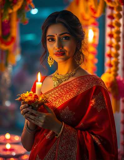 A woman is standing against a backdrop adorned with yellow and pink flowers, holding a lit candle that casts a warm glow on her face as she gazes directly at the camera. She is dressed in a traditional Indian saree, which is predominantly red with gold accents. The background features a white wall decorated with colorful flowers, creating an atmosphere of festivity and celebration.