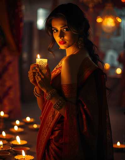 A woman is standing in front of a mirror wearing a red and gold saree with gold jewelry. She holds a lit candle in her right hand while looking directly at the camera. The background features a room with a chandelier hanging from the ceiling.