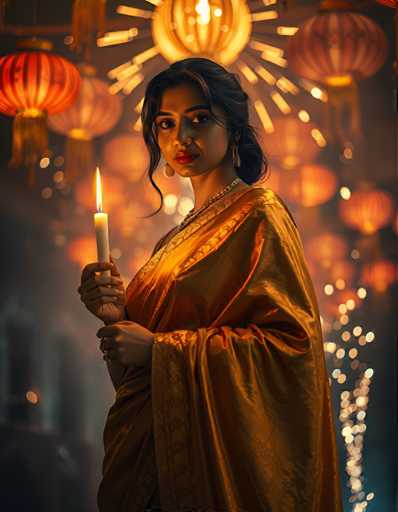 A woman is standing against a dark background with orange lanterns hanging above her head and a candle in her hand.