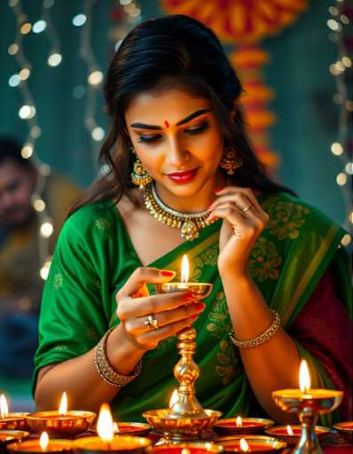 A woman dressed in traditional Indian attire is seated at a table with lit candles and gold accents. She holds a small golden bowl in her hands as she gazes into the flames of the candles. The background features a green wall adorned with colorful decorations that complement the warm glow of the candles, creating an atmosphere of celebration and tranquility.