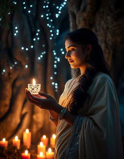 A woman is standing in front of a tree with lit candles on the ground next to her. She is wearing a white saree and holding a candle in each hand. The background features trees and lights that create an ethereal atmosphere around her.