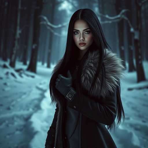 A woman with long dark hair is standing in a snowy forest. She is wearing a fur coat and gloves, suggesting that the photo was taken during winter or in a cold climate. The background features trees covered in snow, creating a serene and tranquil atmosphere.