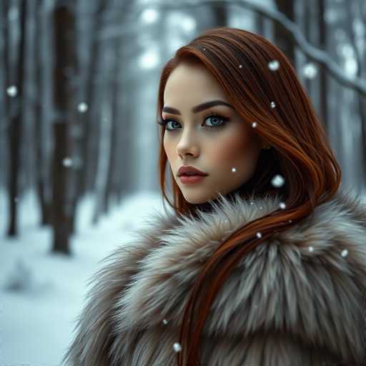 A woman with red hair is standing in a snowy forest surrounded by trees and falling snowflakes. She is wearing a fur coat that matches the color of her hair.