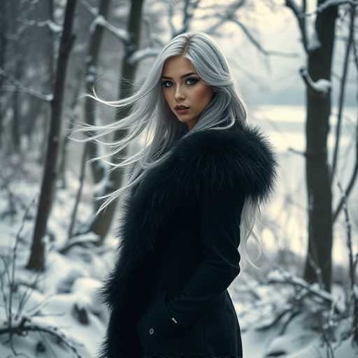 A woman with long blonde hair is standing in a snowy forest. She is wearing a black coat and has her hands tucked into the pockets of her coat. The trees around her have snow-covered branches, creating a serene winter landscape.
