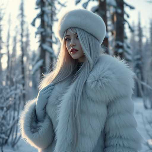 A woman with long blonde hair is standing in a snowy forest wearing a white fur coat and hat. She has her hands tucked into her pockets and is looking off to the side.