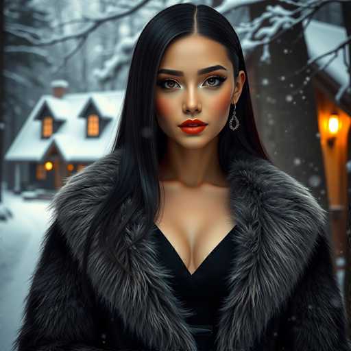 A woman with long dark hair is standing against a snowy background featuring a house and trees. She is wearing a black fur coat that has a fur collar and a fur-lined hood. The woman's face is lit up with a bright red lipstick, and she is looking directly at the camera.