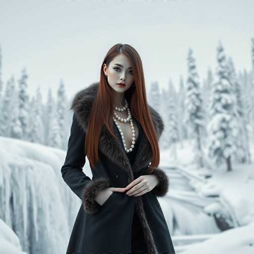 A woman with long red hair is standing in a snowy forest wearing a black coat and pearl necklace. She has her hands in her pockets and is looking directly at the camera.