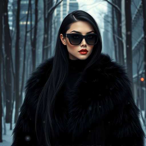 A woman with long dark hair is standing in a snowy forest wearing a black fur coat and sunglasses.