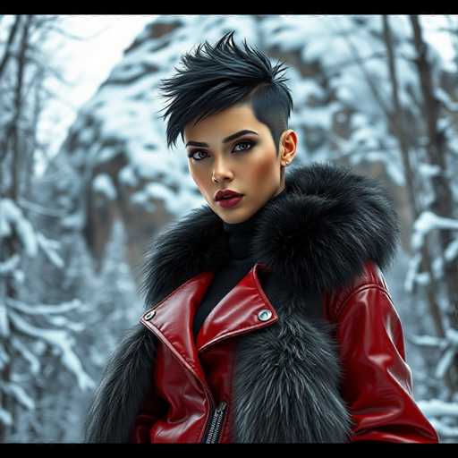 A young woman with spiky hair is standing in a snowy forest. She's wearing a red leather jacket and fur collar that contrasts with the white snow around her. The background features tall trees covered in snow, creating an ethereal winter scene.