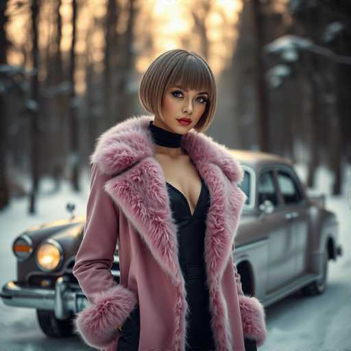 A woman with short blonde hair and bangs is standing in front of a car on a snowy day. She is wearing a pink fur coat and black pants. The car has a classic design featuring chrome accents and a large trunk.
