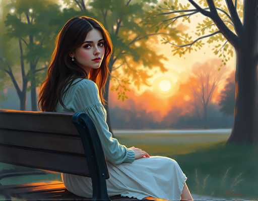 A woman with long brown hair is sitting on a wooden bench in a park during sunset. She is wearing a white dress and has her legs crossed. The setting sun casts a warm glow over the scene, creating a serene atmosphere.