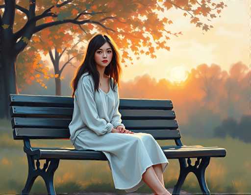 A woman is sitting on a black bench with her legs crossed and hands resting on her lap. She is wearing a white dress that contrasts with the brown grass beneath her feet. The setting appears to be an autumn park, as evidenced by the trees in the background displaying orange leaves.