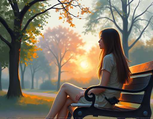 A woman with long brown hair is sitting on a bench in a park during sunset. She is wearing a white dress and has her legs crossed. The setting sun casts a warm glow over the scene, creating a serene atmosphere.
